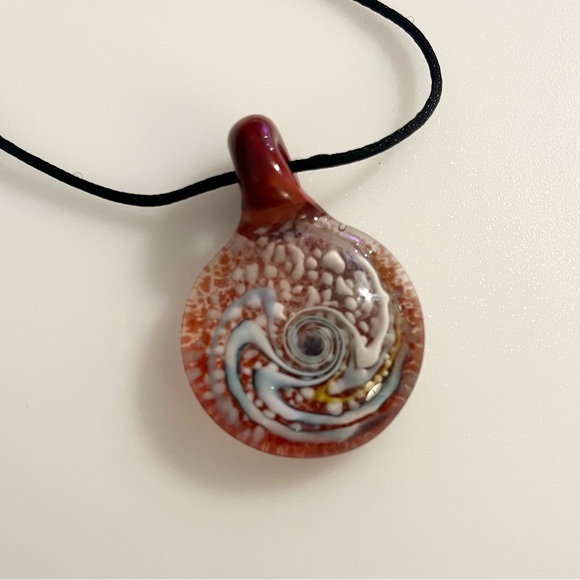 Handblown Artisan Brown Blue White Yellow Glitter Art Lampwork Glass Necklace - Picture 4 of 16